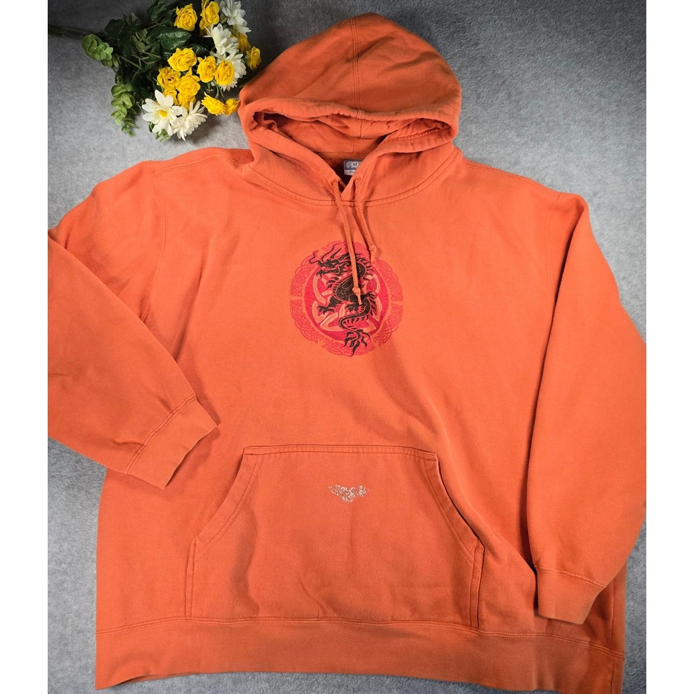 Utility Mens XXL Burnt Orange Dragon Graphic Hoodie Y2K Streetwear Pullover